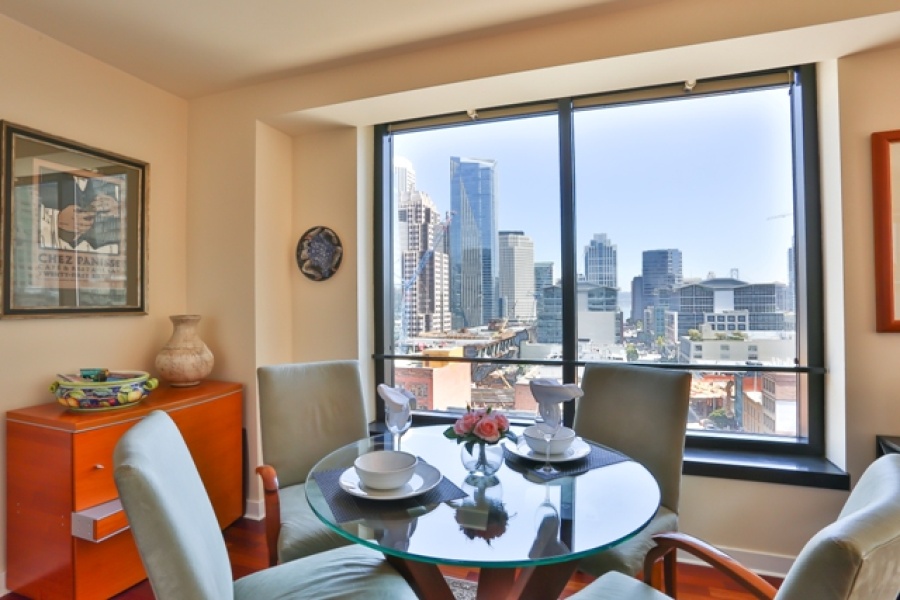2 Bedroom/2 Bathroom condo at New Montgomery! Features: stainless steel appliances, granite counters, ceiling fan, desk, cherry wood floors, marble tiling, state-of-the art A/V system with surround sound, master with custom built-Italian queen bed and side tables, ensuite bath, walk-in closets, and twin bed that converts into sofa.

Amenities include: 24-hour attendant, bike parking, and roof deck with BBQ, gas fire pit and panoramic city views.

With a 94 Walk Score, this location offers easy access to FiDi, Union Square, the Embarcadero as well as San Francisco\'s world-class sports arenas.
No parking.